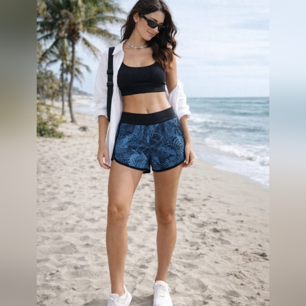 Hurley Blue Black Tropical Leaf Print Athletic Shorts | Surf Swim Gym Activewear